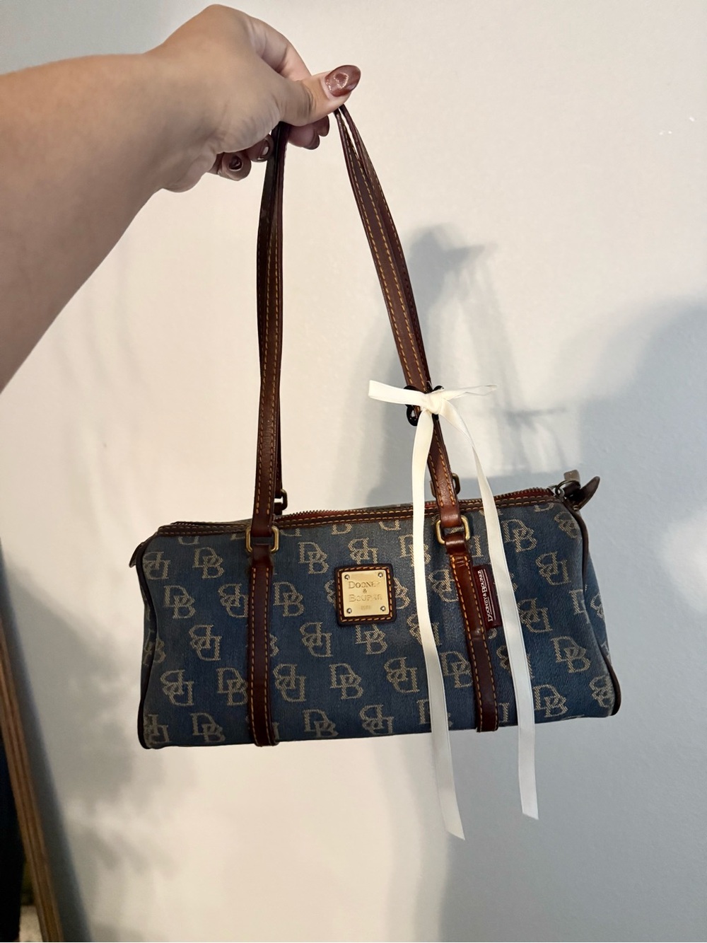 Dooney & Bourke Navy Signature Logo Barrel Shoulder Bag with Brown Trim